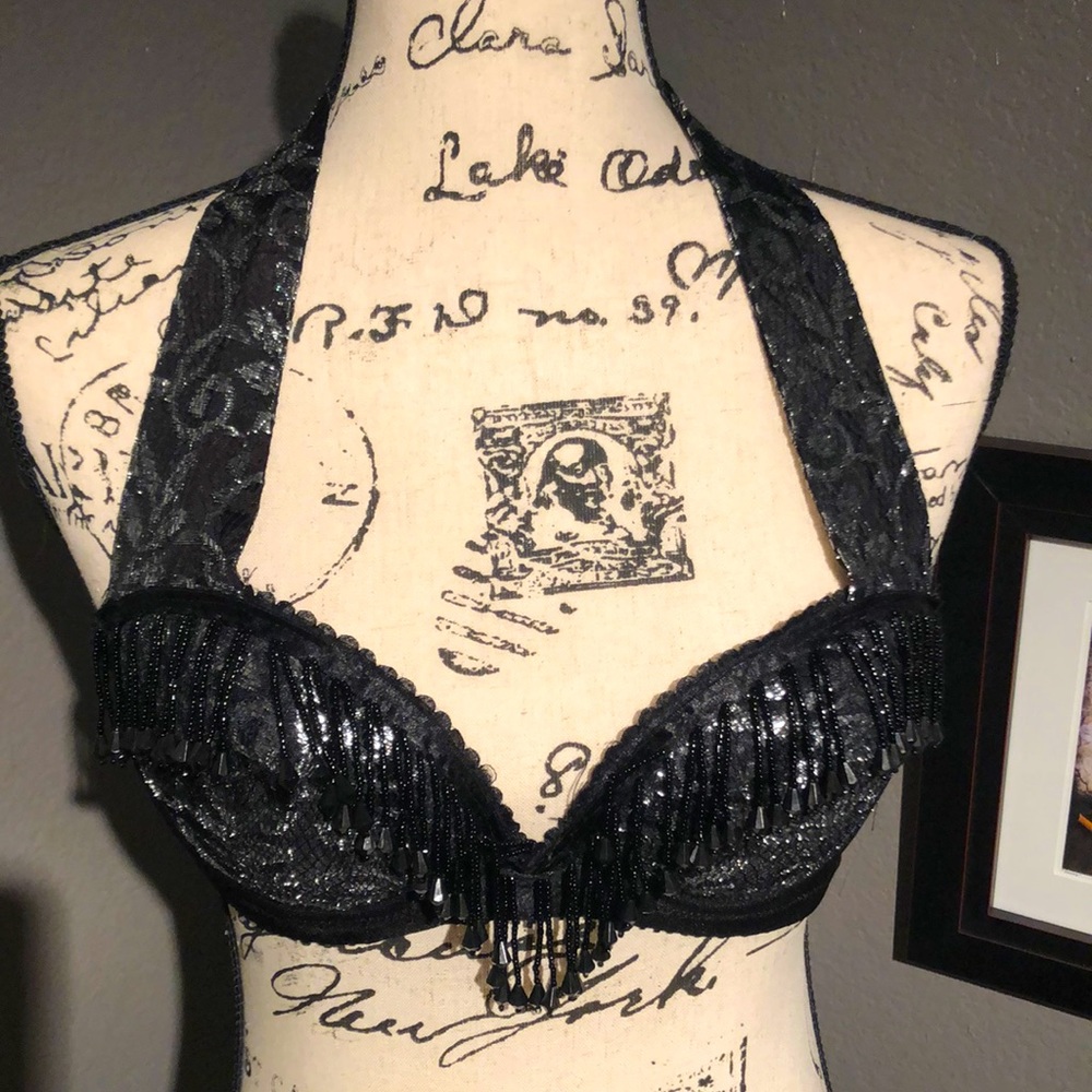 Silver metallic patterned black bead bustier